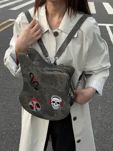 2025 Women's Fashion New Cross-Border Backpack, European and American Halloween Cartoon Skull Embroidery, Can Single Can Shoulder Crossbody, Large Capacity, Casual Retro Violin Bag