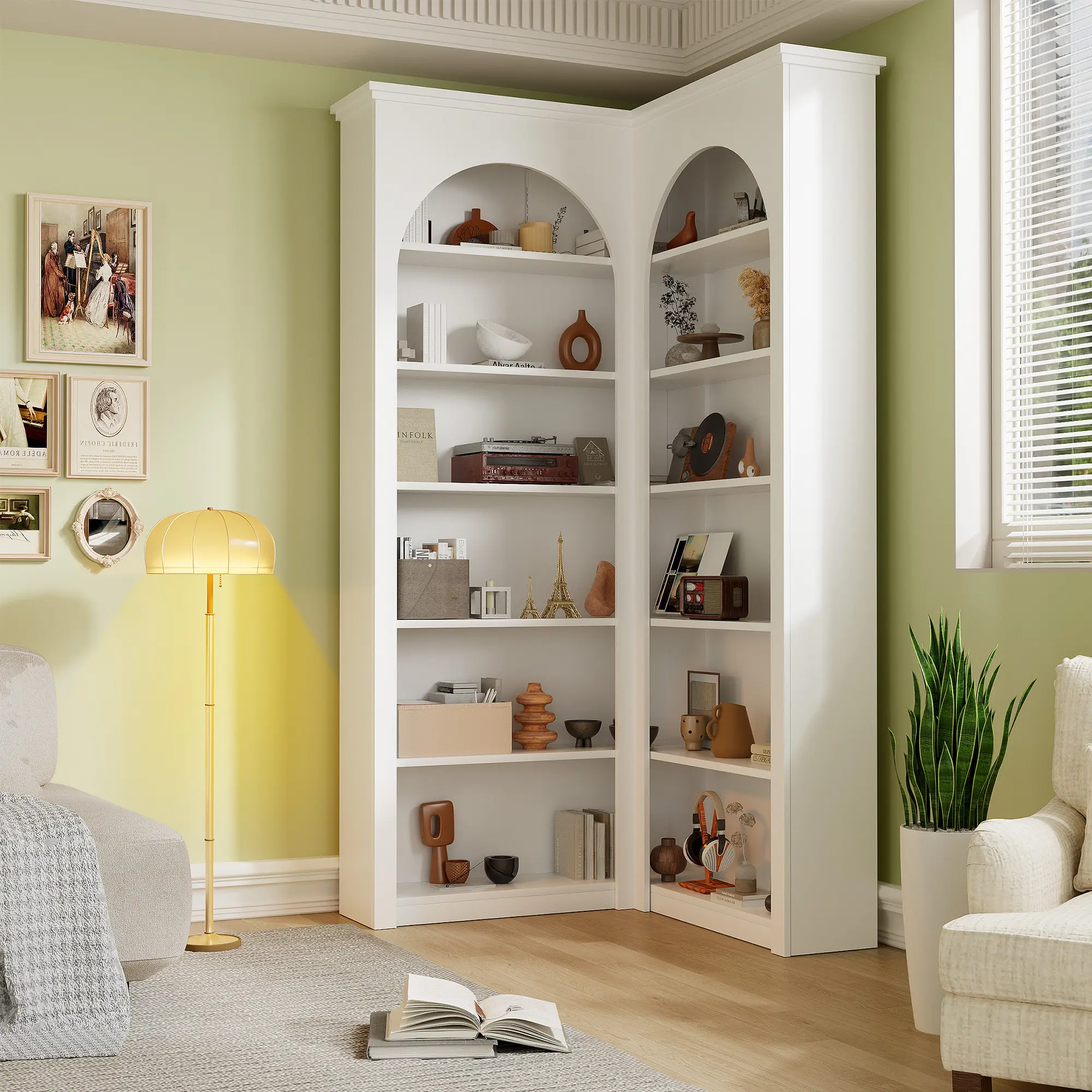 L-Shaped Corner Bookshelf - Space-Saving Modern Design Maximize Corner Space Waterproof Anti-Tip Stylish Arched Decor White Black
