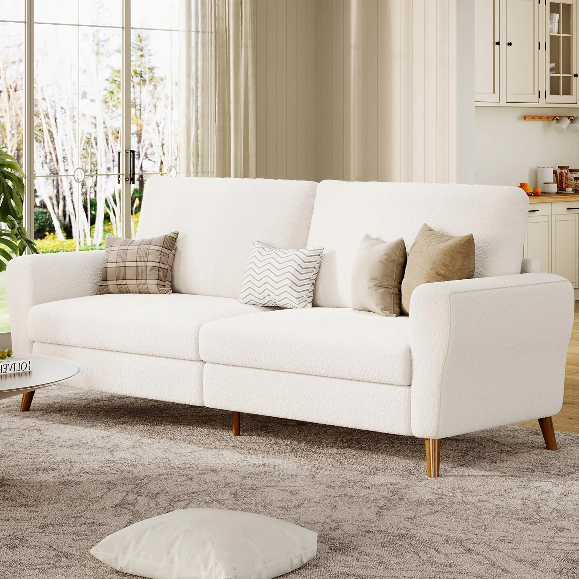 84 Inch Modern Sofa Couch, Large 3-Seater Sofa with Streamlined Armrests, Boucle Loveseat Wood Feet, Comfy Couch for Living Room, Apartment, Lounge, White