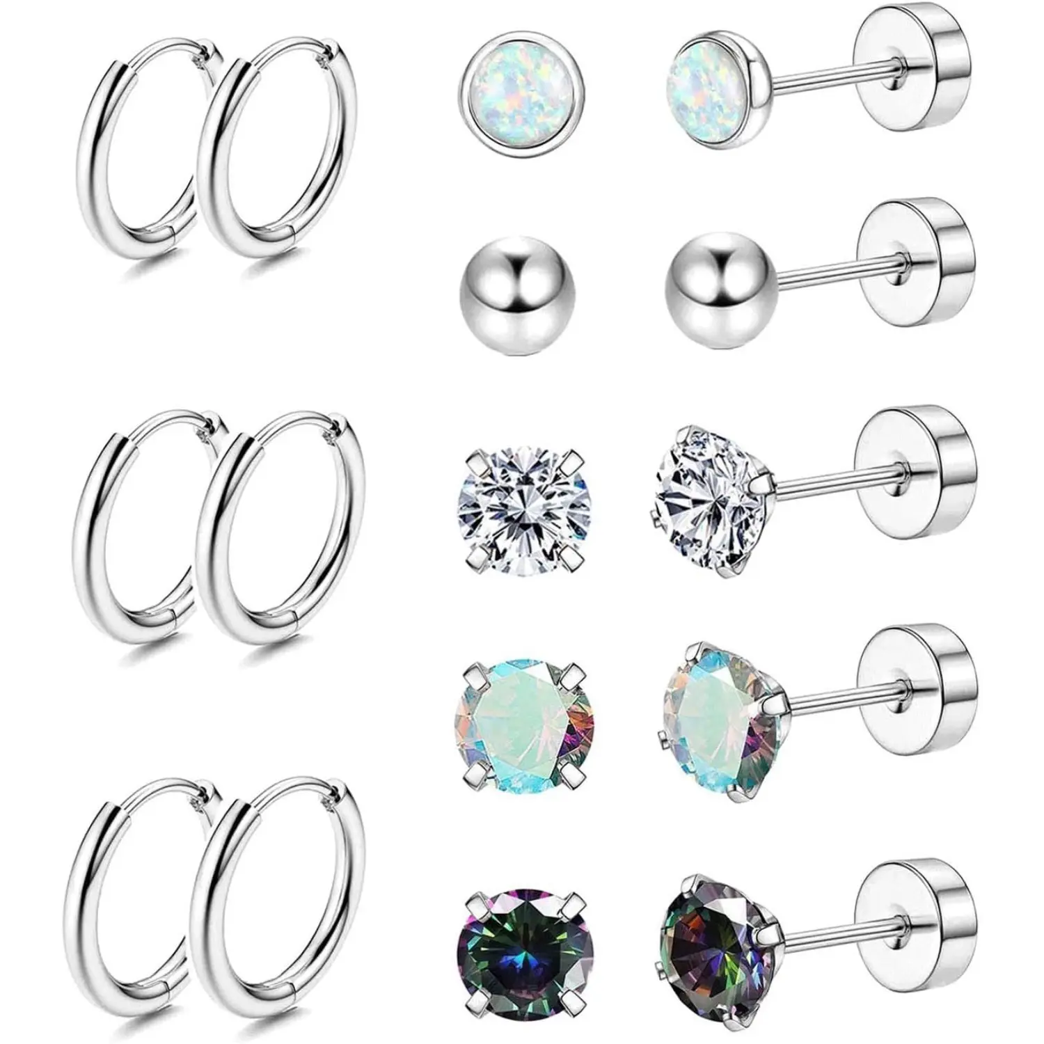 ZELORES 16-Pcs 20G Unisex Hypoallergenic Nickel-Free Surgical Steel Earrings - Flat Back, Stud, Dainty Hoop Earrings with Opal Ball CZ, Sensitive Ear Cartilage Jewelry for Daily Wear, Flat Back Earrings, Stud Earrings