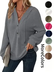Women's Fall/Winter Waffle Hoodie, Loose V-Neck Button Design in Comfortable Knit Fabric, Casual Fitted Outerwear for Daily Wear