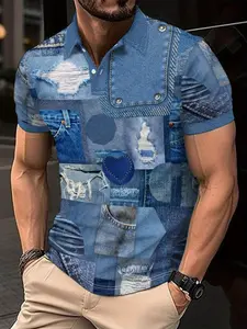 Men's Mesh Polyester Fiber T-Shirt, Fashion Letter Print, Casual Paris Denim Texture, Breathable Short Sleeve, Quick Dry Sports Top, Menswear