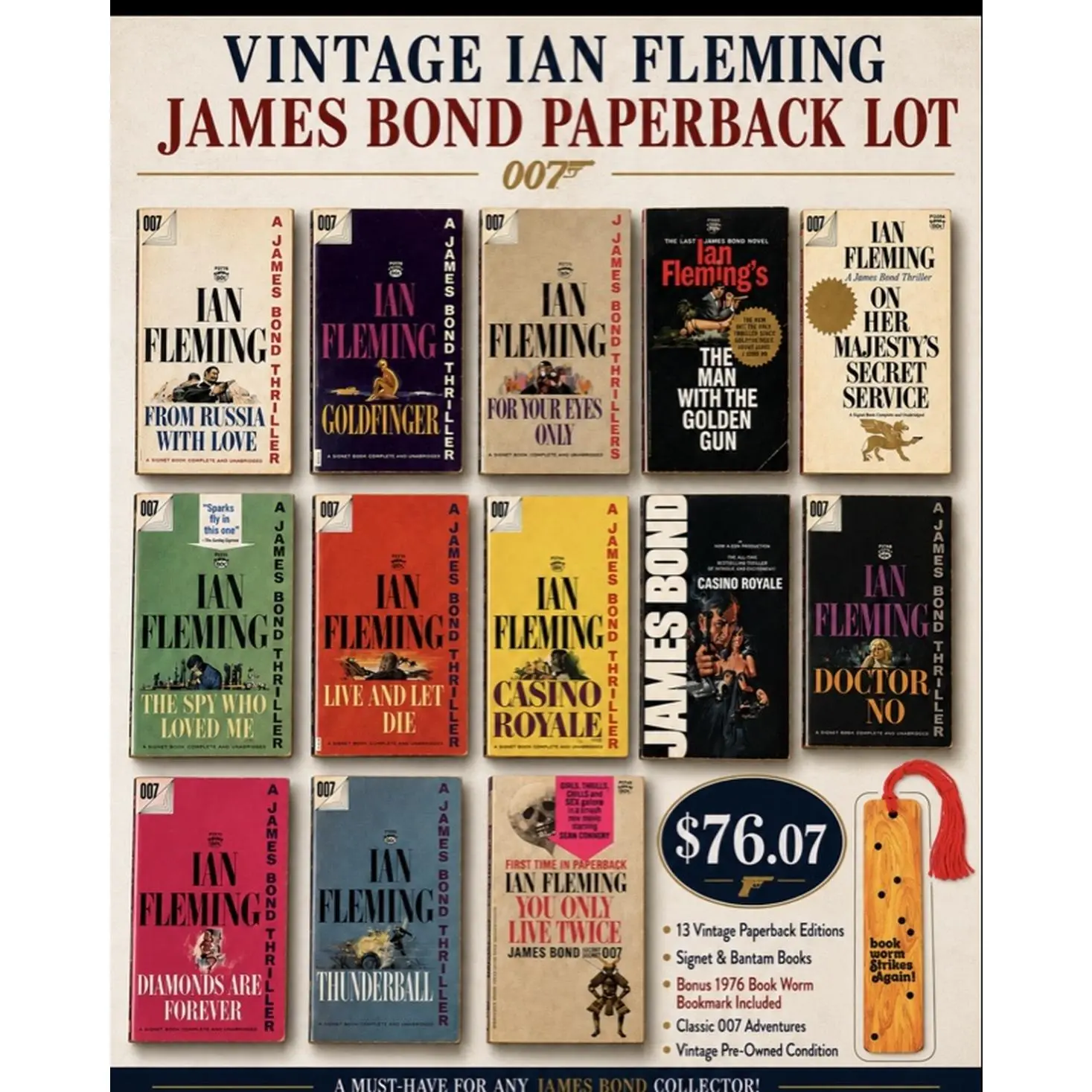 Ian Fleming 007 James Bond Paperback Novels Set of 13 with Bonus 1976 Book Mark Vintage Editions