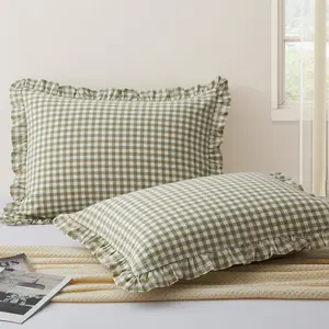 2 Pcs Plaid Ruffle Pillow Case Standard Size, Ruffled Gingham Cotton Pillowcases 20x26 Inch, Linen Feel Plaid Bed Pillow Shams with Envelope Closure for Sofa Bed (Sage Green Plaid)
