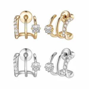 14K Gold Plated Cubic Zirconia Triple Hoop Stud Earrings for Women, Single Piercing 3-Hoop Look Statement Earrings, Gold & Silver Tone fashionable jewelry accessory