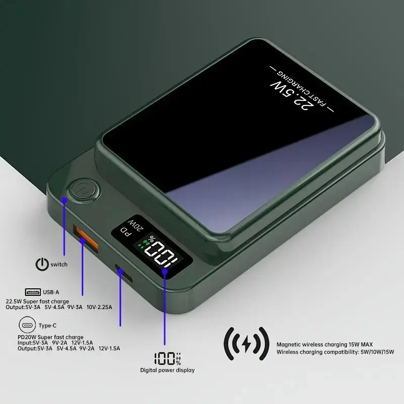 10000mah Wireless Magnetic Charger, 15w Fast Charging Output, PD Interface 22.5w Input/output, USB Port, Compatible with iPhone 17promax，16pro,15promax,12,13,11 & Samsung, Portable Power Bank, Powerbank Fast Charging