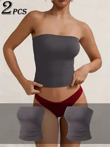 2-Piece Strapless Tube Top Set, Non-Slip Breathable Soft Skin-Friendly, Sexy Slimming Daily Wear, All-Season Casual Plain Fitted Clothing, Summer
