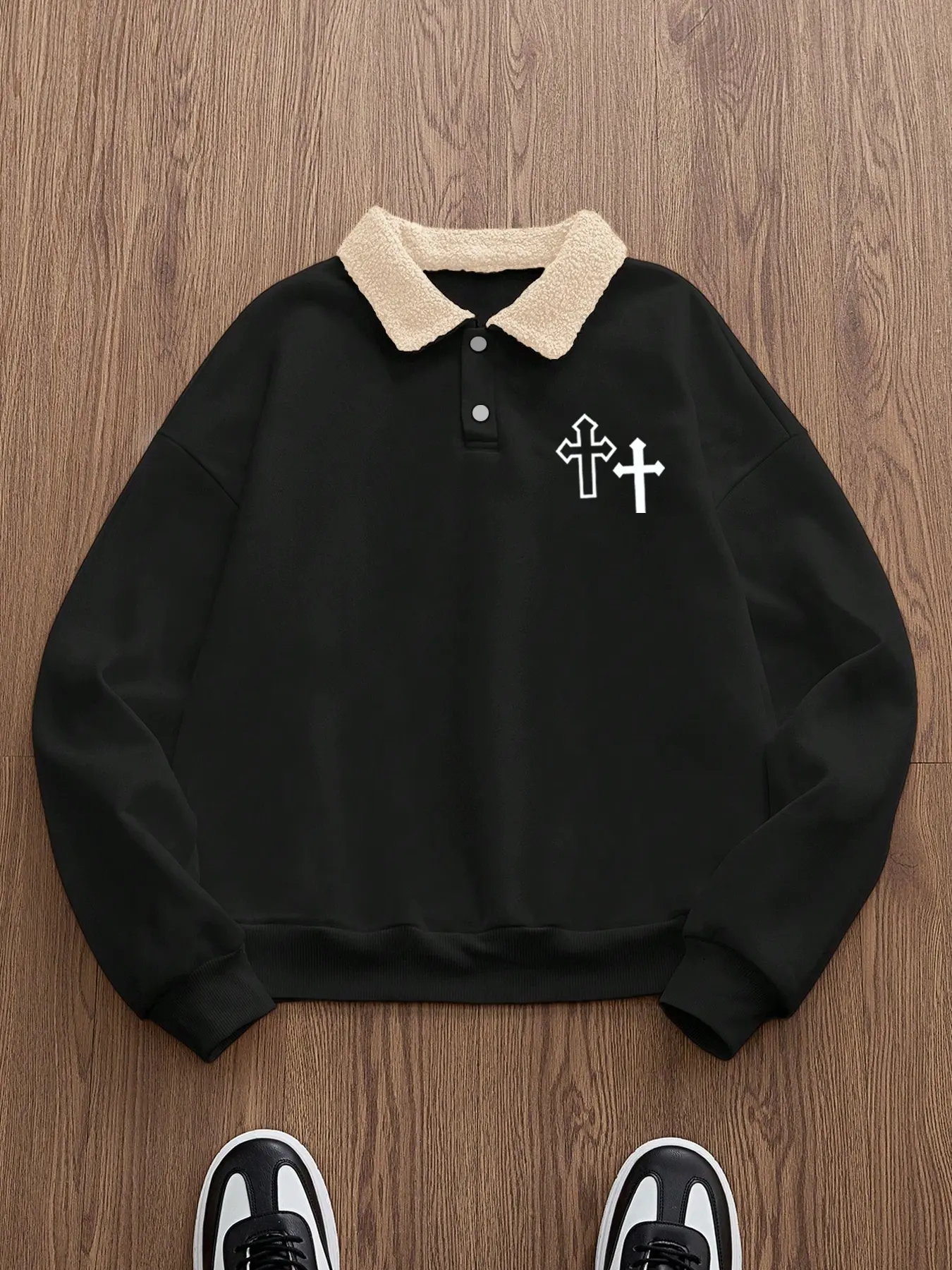 Trendy Retro Lamb Wool Collar Sweatshirt, Cross Print Polo Shirt