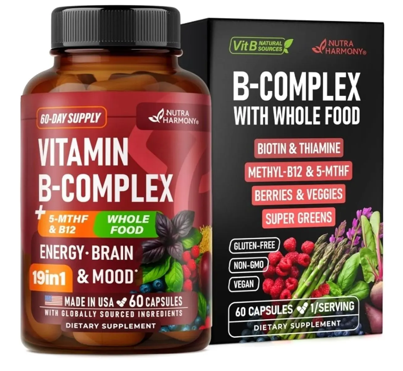 Vitamin B Complex - B1 | B2 | B3 | B5 | B6 | Biotin | B12 | 5-MTHF - Astragalus & Whole Food Blend - Energy, Metabolism & Brain - Vitamins B for Women & Men - Made in USA - 60 Capsules, 60 Days Supply