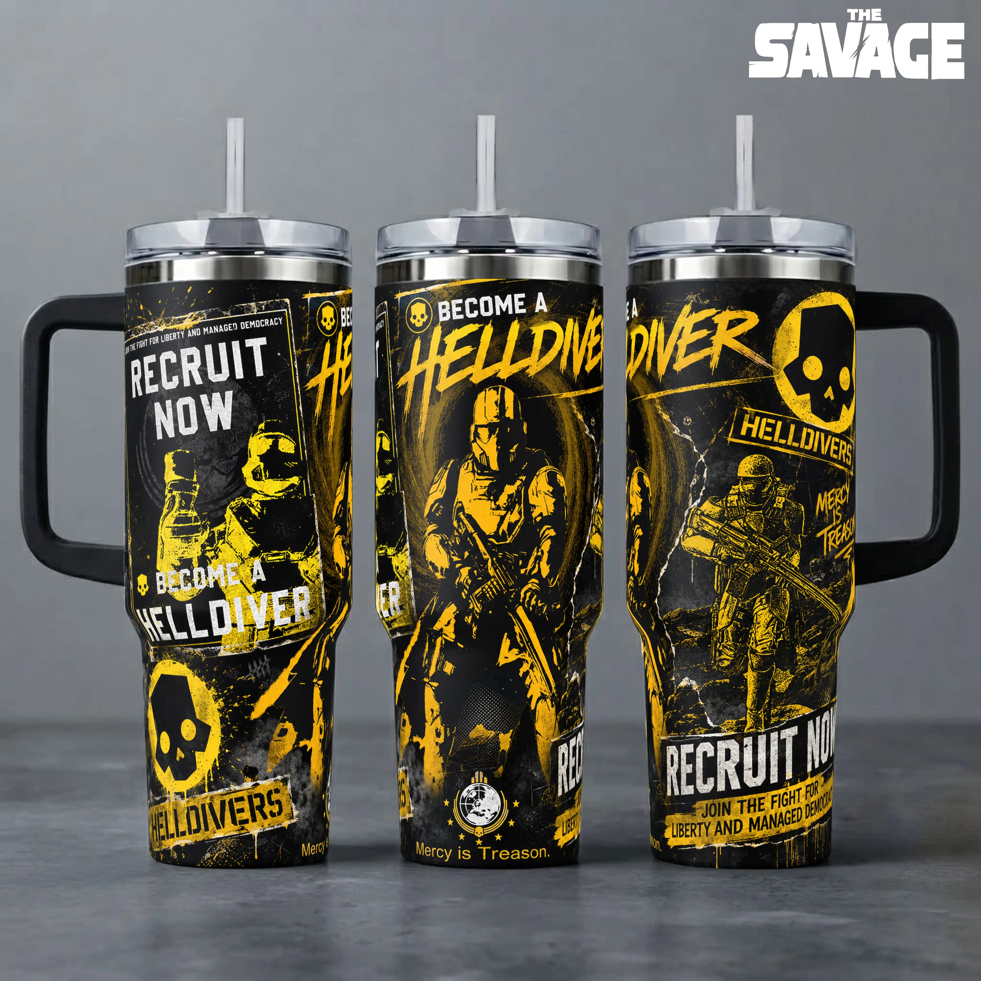 Helldivers 2 Recruit Now Tumbler, 20oz & 40oz Insulated Travel Mug with Handle & Straw, Managed Democracy Gaming Art Cup, Video Game Fan Merchandise