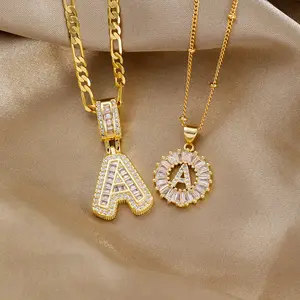 Fashion Copper Inlaid Zircon 18K Gold Plating Letter Pendant Ladder Rock Candy 26 One English Letter Necklace day jewelry