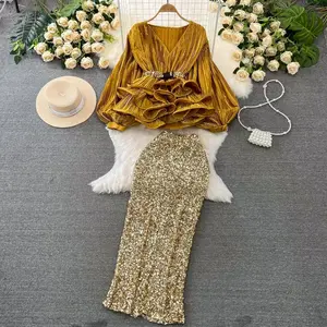 2025Fashion 2 Piece Sets Women Lantern Sleeve V-neck Ruffles Tops High Waist Bodycon Sequined Skirt Outfits Temperament Korean Suit
