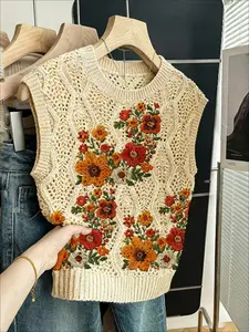 Women's Bohemian Floral Knit Vest, Round Neck Sleeveless Sweater, Casual Breathable Colorblock Design, All Seasons Wear Tops, Elegant Sleeveless Knit