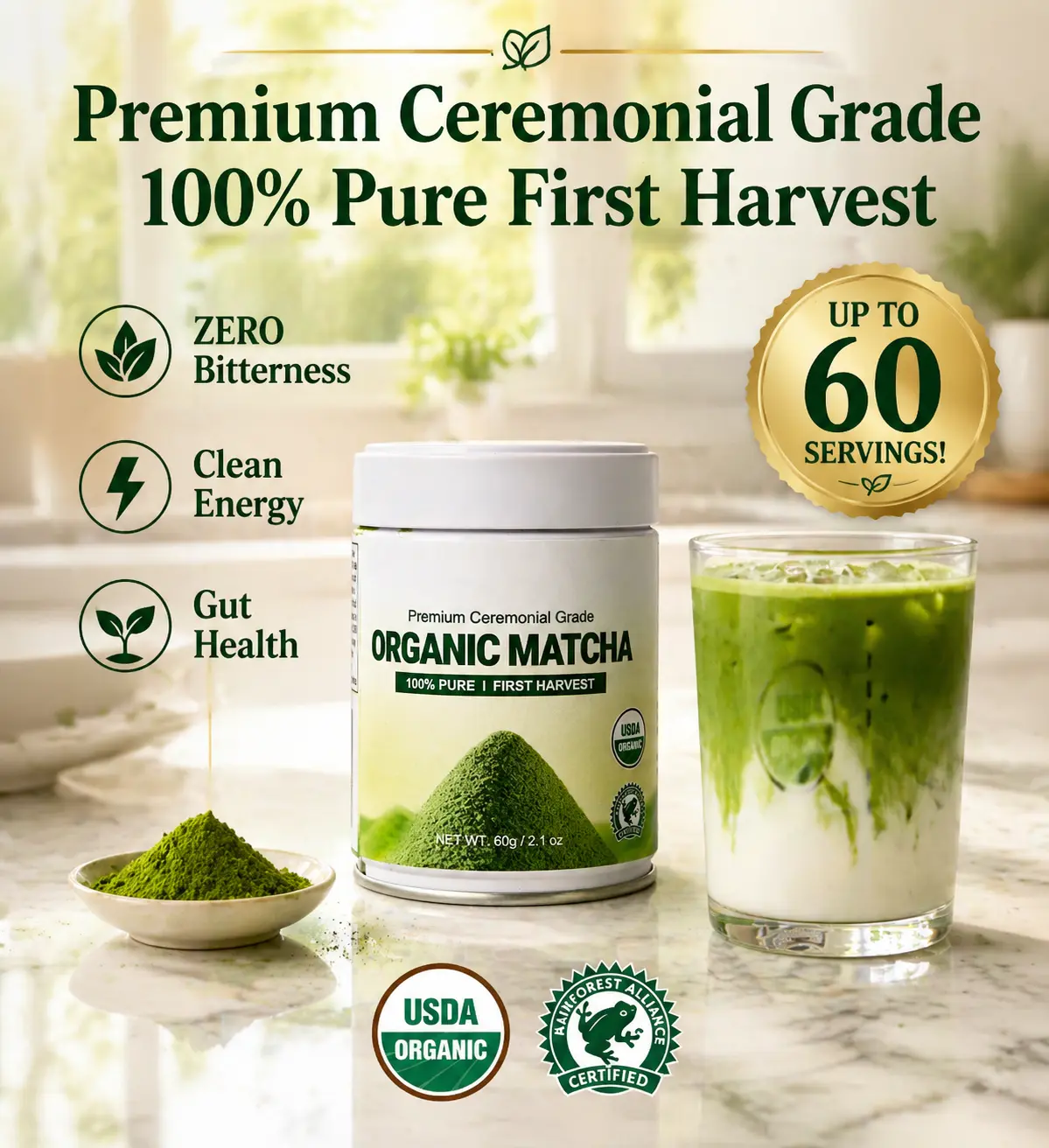Emerail Organic Ceremonial Grade Matcha Powder green   tea  (60g/2.1oz, Up to 60 Servings!) - 100% First Harvest, ZERO Bitterness