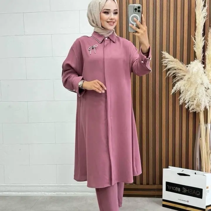 Two Piece Pink Tunic with Beads along Sleeves for Women Stylish Comfortable Elegant Trendy Design