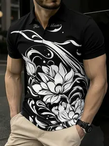 Men's Polo Shirt Short Sleeve Floral Print Casual Fitted Summer Top, Stylish Daily Wear & Outdoor Sports Tee, Perfect Holiday Gift, Polo Tees