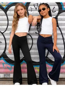 2-piece set of girls' knitted solid color elastic flared pants, fashionable and simple, for daily casual wear, suitable for all seasons, can be machine washed and dry cleaned