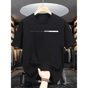 men gifts Men'S Casual Crew Neck T-Shirt with "Facing the Future" Print, Polyester Knit Fabric, Slight Stretch, Regular Fit, Summer Short-Sleeved Top, Fashionable Daily Wear Menswear Comfy