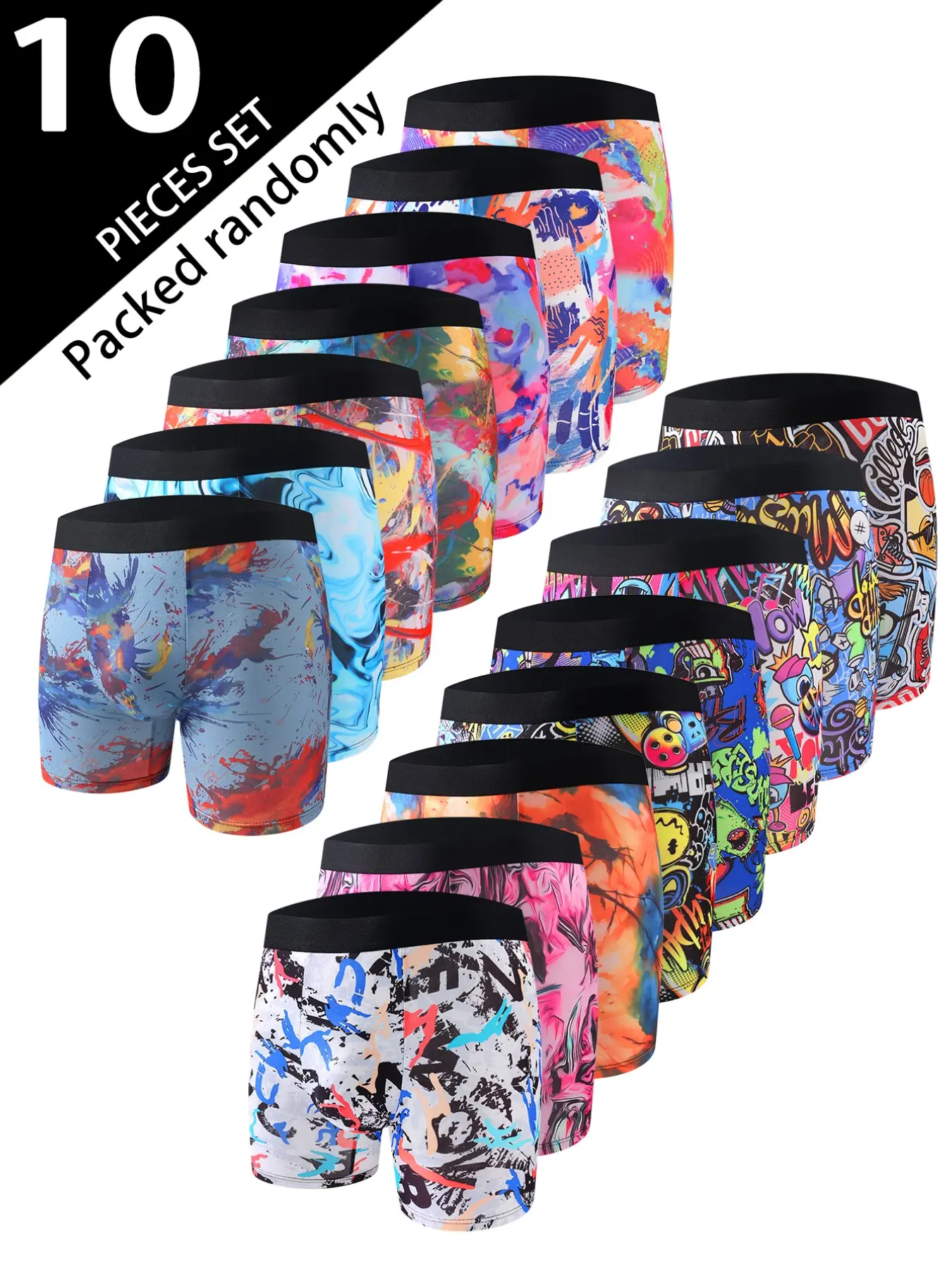 Random 10-Pack Men's Boxer Briefs, Stretchy Boxer Briefs, Comfortable Lightweight Fitted Mid-Waist Street Style Underwear, Trendy Fashion Geometric Graffiti Print Boxers, Streetwear Underwear