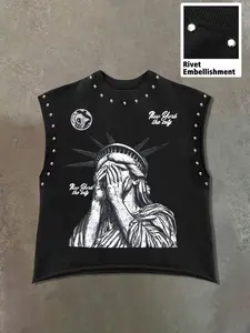 Men's Sleeveless Casual Fitted Knit Vest, Lady Liberty Fun Graphic Print Rivet Vest, Gym, Fitness, Tank Tops Workout, Workout and Daily Use, Fashion Versatile, Simple Style, Perfect for Leisure