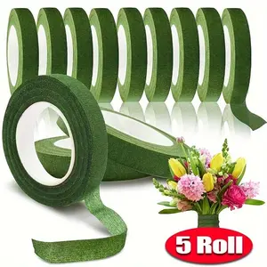 Floral Tape for Bouquet Wrapping, 5 Counts Green Paper Adhesive Strips Suitable for Artificial Flowers and Plant Stems, DIY Crafting and Arranging