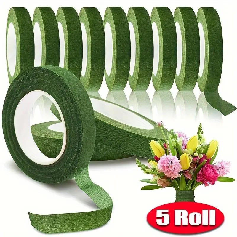 Floral Tape for Bouquet Wrapping, 5 Counts Green Paper Adhesive Strips Suitable for Artificial Flowers and Plant Stems, DIY Crafting and Arranging
