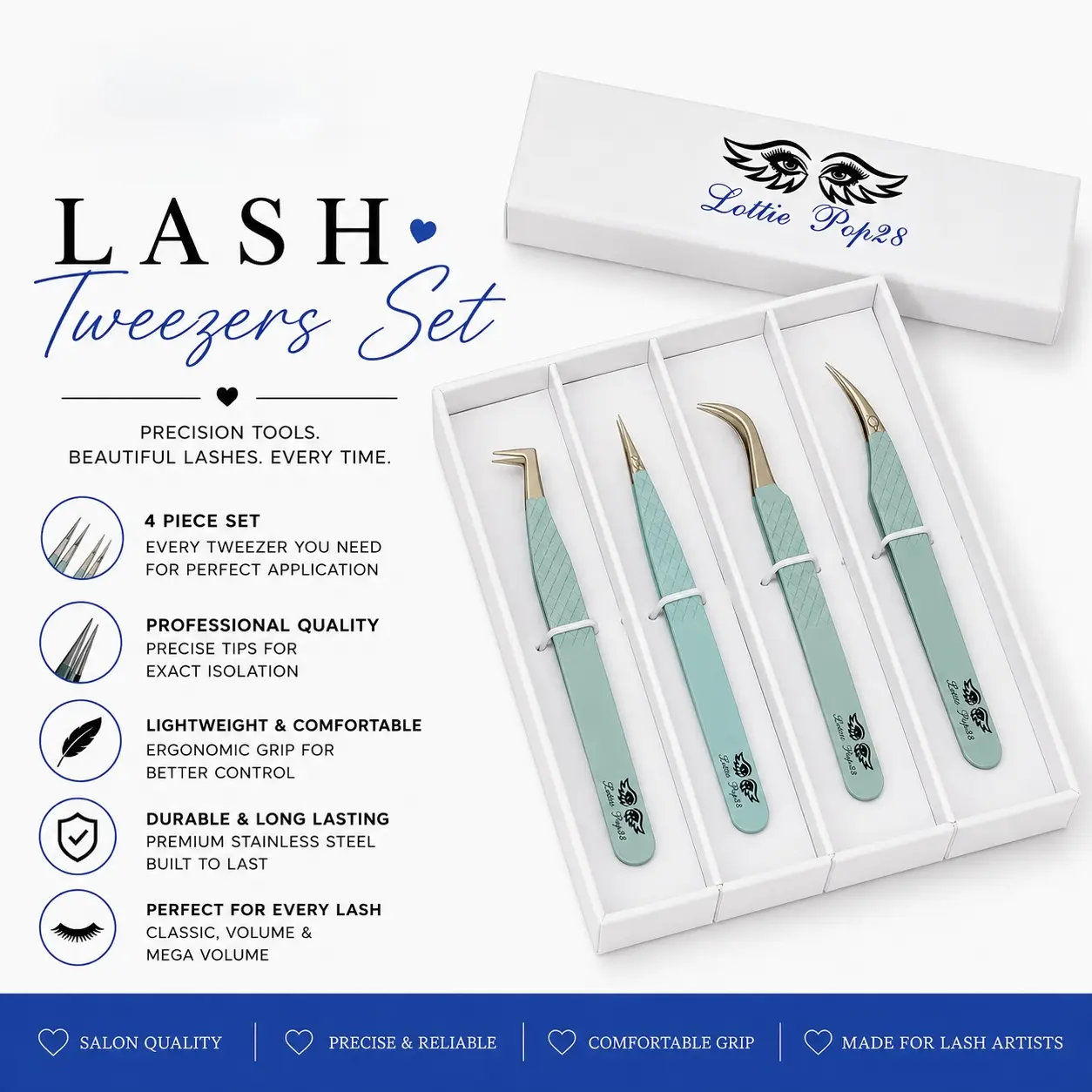 4-PIECE LASH TWEEZER SET + LOTTIEPOP28 BAG  Precision tools for flawless lash application.
