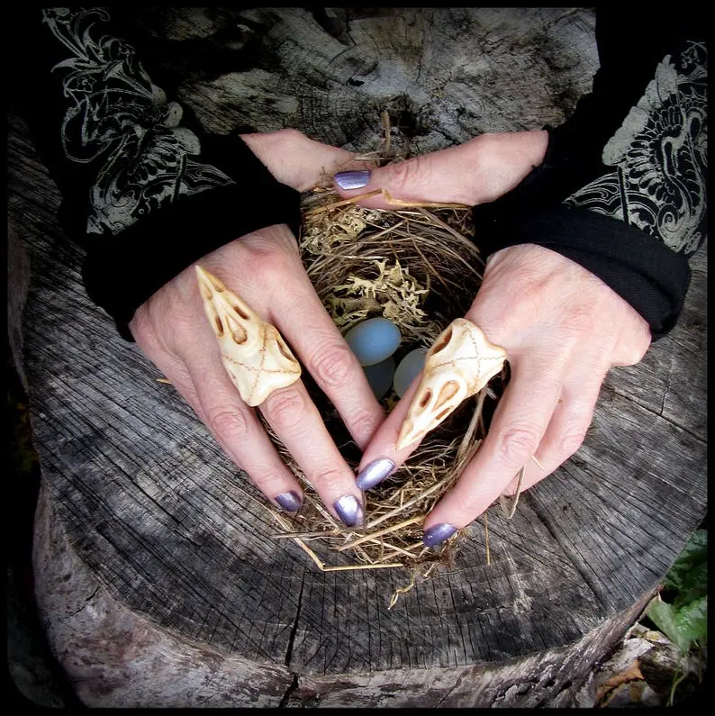 Bird Skull Ring ~ like real skull but carved from bone ~ Raven Skull Ring ~ taxidermy jewelry, oddity, Witch Witchcraft jewelry, crow skull