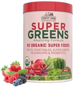 Country Farms Organic Super Greens Berry Flavor, 50 Organic Super Foods, Packed with Fiber, USDA Organic Drink Mix, Fruits, Vegetables, Mushrooms & Probiotics, Supports Energy, 5g Fiber