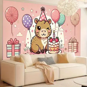 1pc 2D Flat Capybara Birthday Celebration, Cute Capybara Theme Party Durable Polyester Backdrop Fabric, Animal Theme Decoration for Bedroom, Living Room, Party Props, Celebration And Photoshoot, Bir Banners White