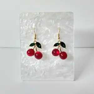 #251 Red Cherries with Green Rhinestone Leaves Earrings, Casual, Food, Fruit, Everyday Spring Summer Jewelry, Zinc Alloy