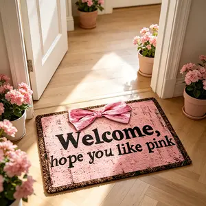 Flannel Non-Slip Welcome Mat, Pink Decorative Pattern Doormat with 'Welcome Hope You Like Pink' Text, Thick-Textured for Home & Office Use, Decorative Pattern Doormats