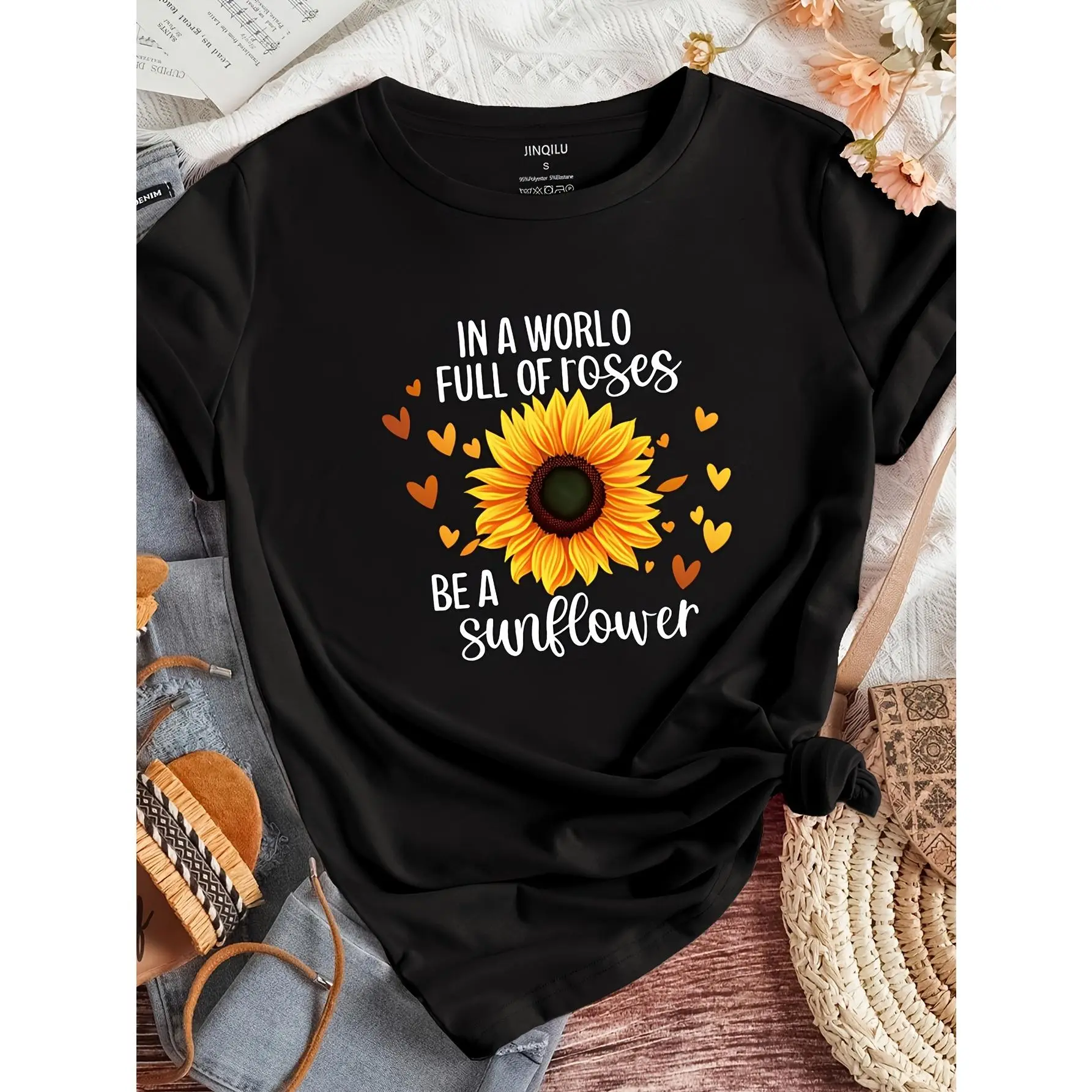 [100% Cotton] Be A Sunflower" Inspirational Quote T-Shirt - Vibrant Green, Soft Polyester Blend With Stretch, Casual Crew Neck, Short Sleeve, Machine Washable - Perfect For All Seasons, Sunflower Tshirt Golf Gift T-Shirt For Men And Women