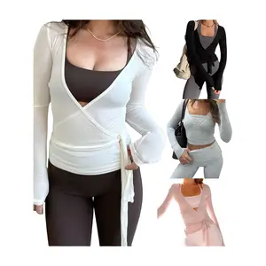 2026 Women’s Cross Wrap Tie Tops Long Sleeve Deep V Neck Solid ColorFit T-Shirts Workout Blouses