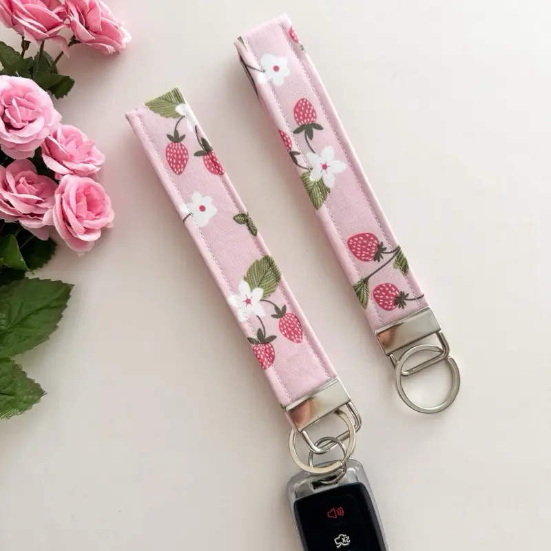 Strawberry Gardens Keychain Wristlet - Pink Floral Design with Metal Ring for Easy Access