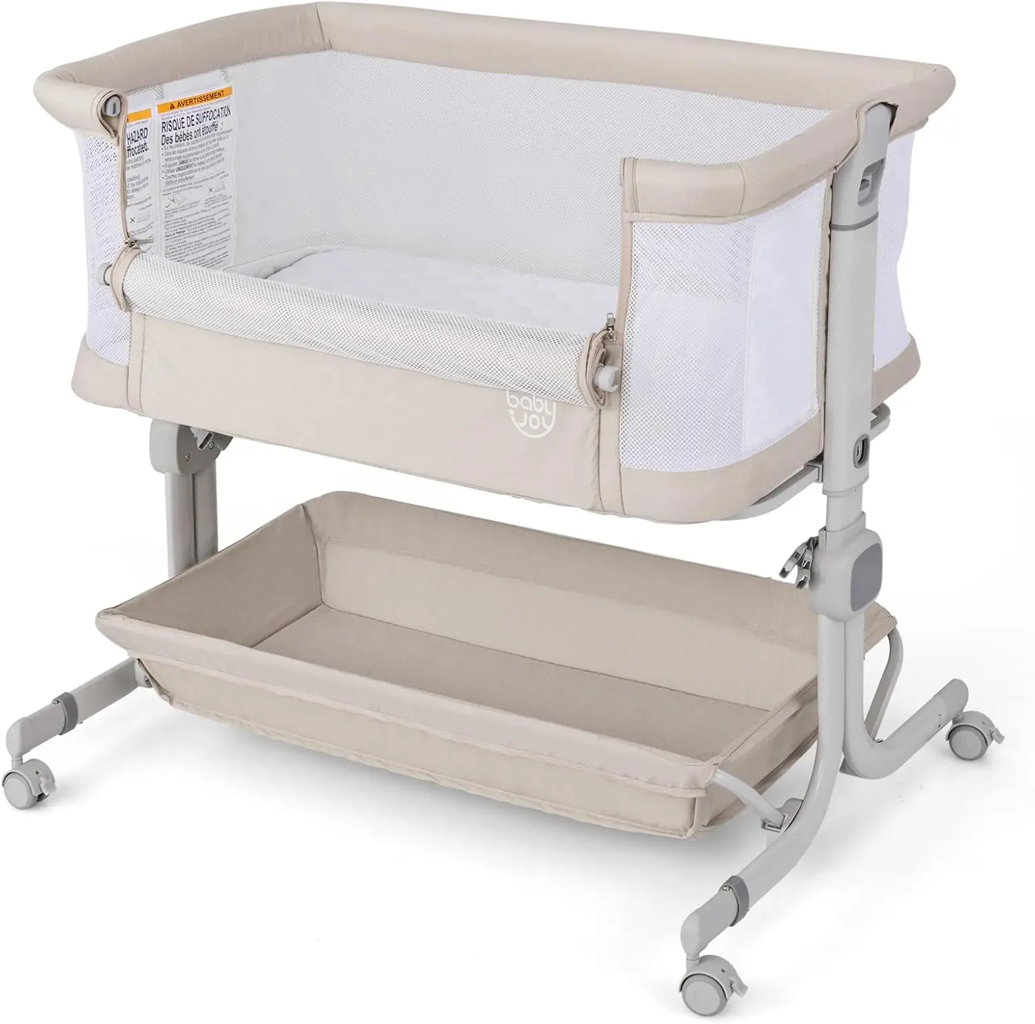 Bassinet, Bedside Crib w/ 6-Level Adjustable Height, Storage Shelf, Wheels, Mattress & Carry Bag for Safe Co-Sleeping, Folding Bassinet Bedside Sleeper for Newborn Infants