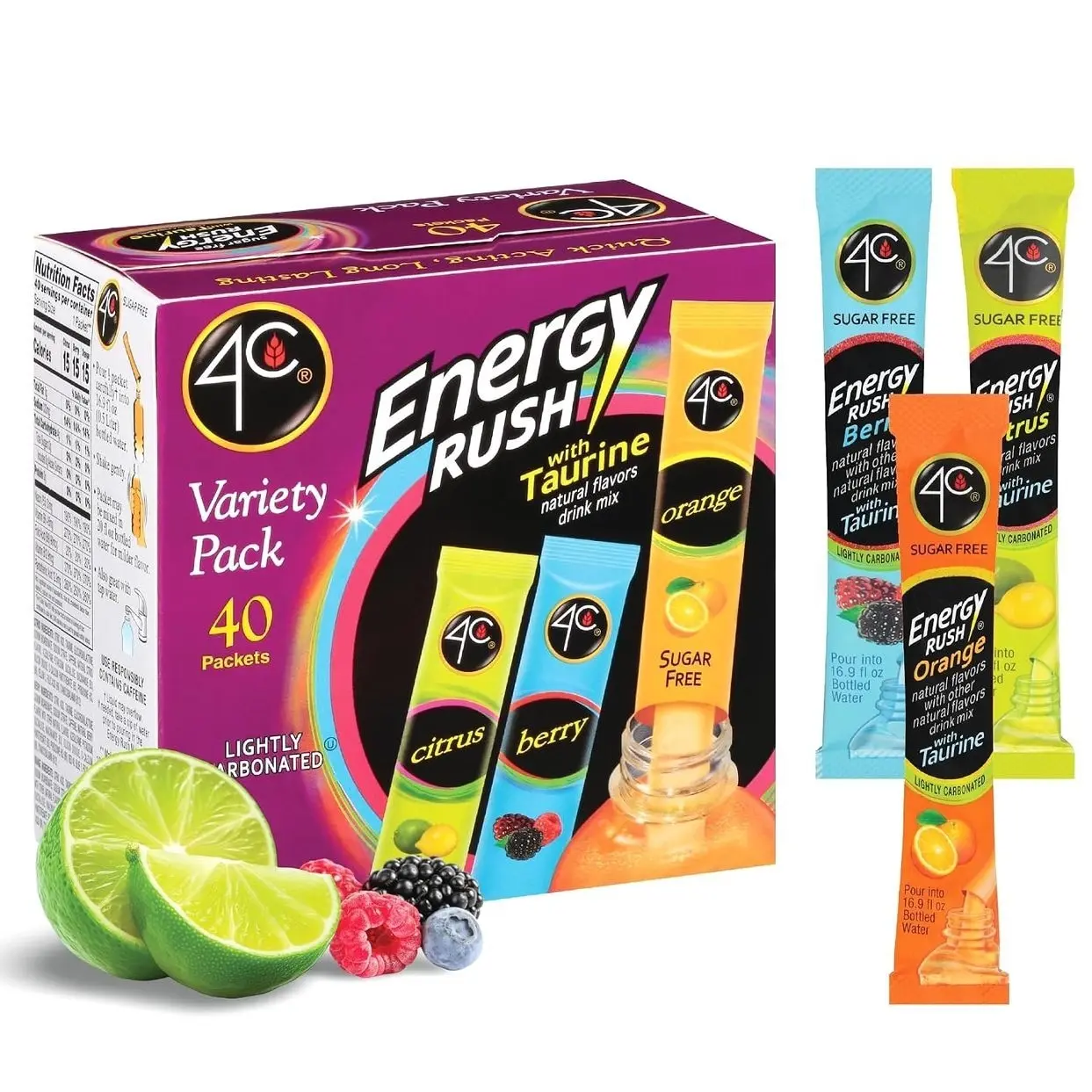 4C Energy Rush Stix, Variety 1 Pack, 40 Count, Single Serve Water Flavoring Packets, Sugar Free with Taurine, On the Go Bundle (20 Berry, 10 Orange, 10 Citrus)