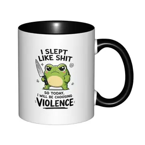 Grumpy Morning Frog Stoneware Ceramic Coffee Mug - 11oz Double-Sided Printed, Washable Classic Cup for Coffee, Tea, Drink, Sarcastic Funny Graduation Gift, White or Black Accent (Home & Party Supplies)