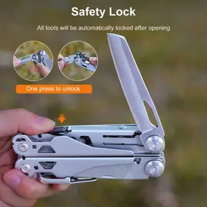 19-in-1 multifunctional tool set featuring a premium 440C stainless steel multi-function pliers, equipped with nylon sleeves, foldable and portable—ideal for outdoor survival, camping, hiking, and maintenance activities.