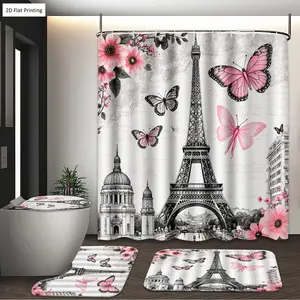 1/3/4PCS Eiffel Tower with Butterflies and Pink Flowers Shower Curtain Set with Rugs, Non Slip Bath Mat, U-Shape Carpet, Toilet Lid Cover, Bathtub Curtain Accessories, 12 Hooks, Home Bathroom Festival Decor, Bathroom Decoration Accessories