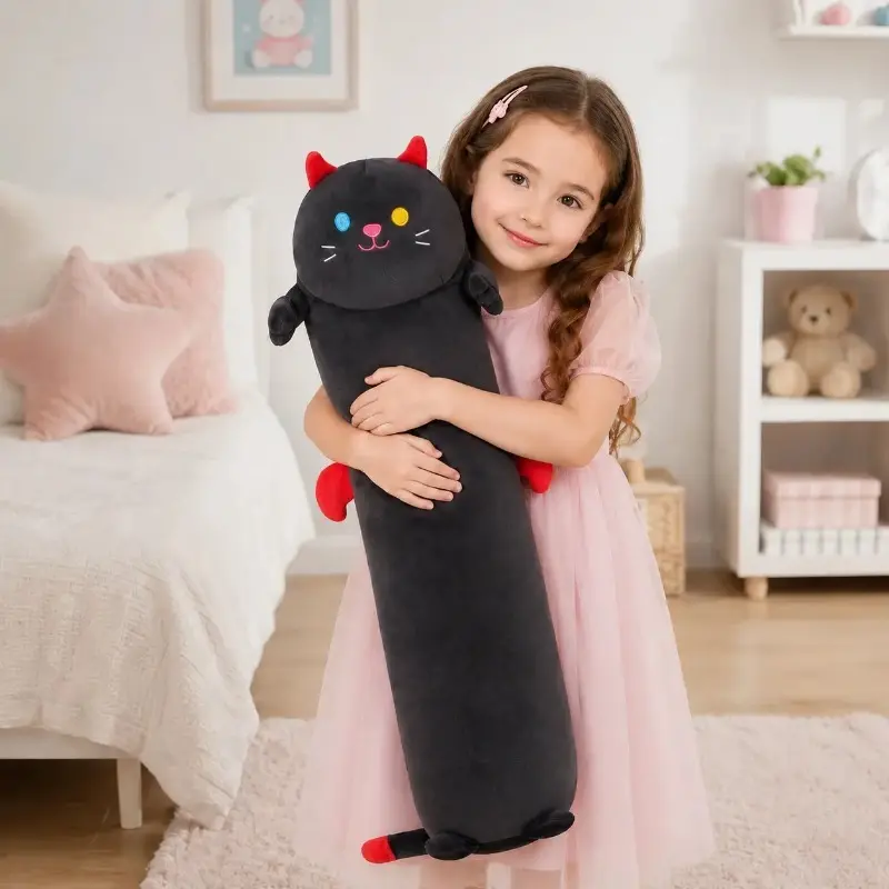 20Inch Gothic Devil Cat Long Plush Body Pillow, Black Cat Stuffed Animal with Red Horns Tiny Wings, Soft PP Cotton Squishy Hug Cushion, Cute Girly Gifts for Bedroom Dorm, Birthday Valentine Xmas Gift for Cat Lovers Teens Plush Collectors