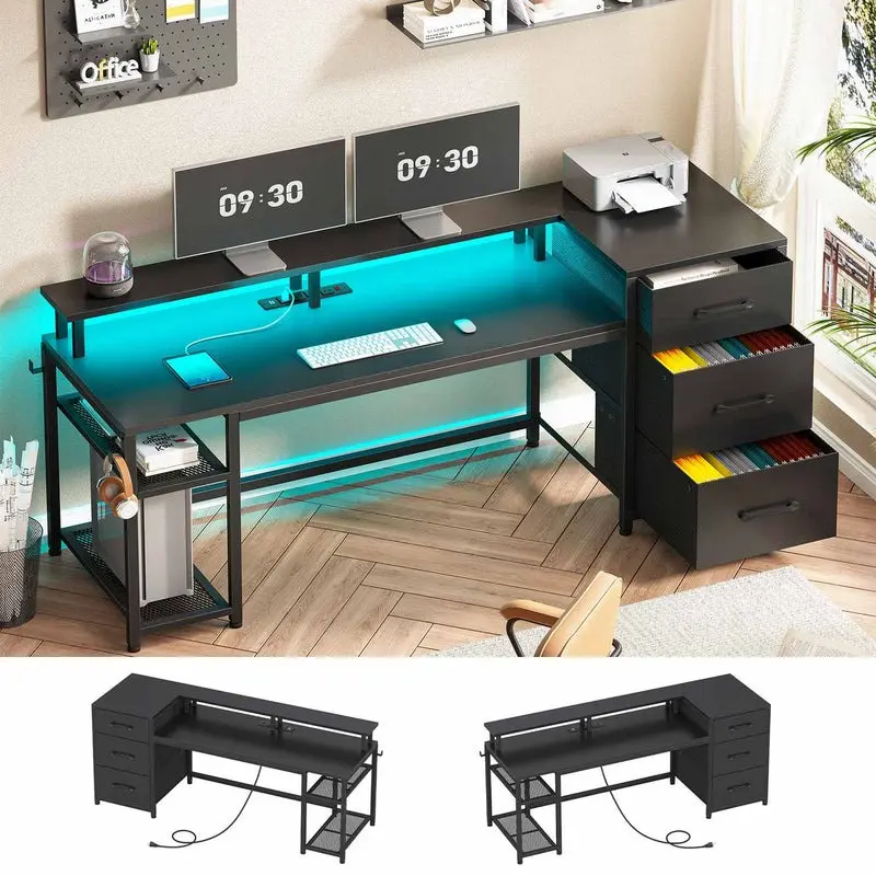 [SummerSale] Sikaic 59 Inches Reversible Gaming Desk with LED Lights & Power Outlet File Drawers and Storage Furniture Table Dual Monitor Riser Home Office Workstation Adjustable Desk Mount, Home Furniture, Dorm Essentials