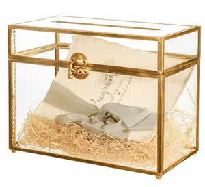 NCYP Gold Glass Wedding Card Box with Slot, 9.8 x 5.6 x 7.7 inches, for Party Reception, Home Indoor Tabletop Decorative Storage Box, Glass Box Only, Minimalist Rectangle Organiser, jewelry box, jewelry organizer