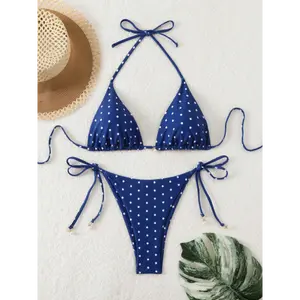 Women's Summer Beach Polka Dot Halter Neck Sexy Bikini Set, Random Print