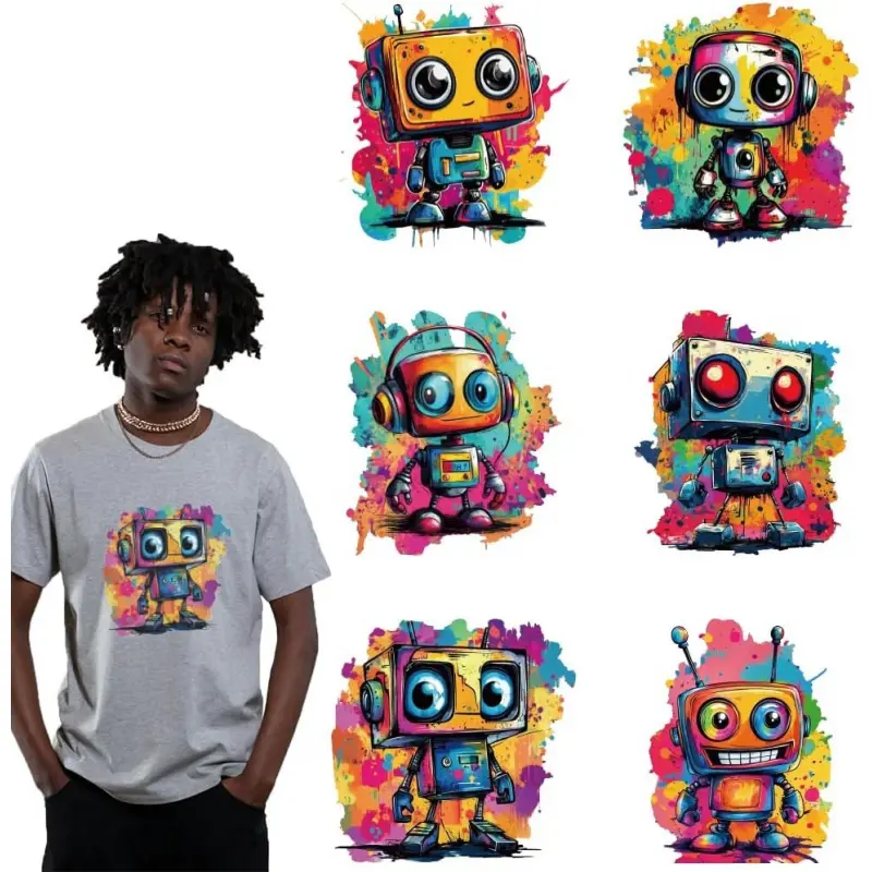 Graffiti Robots Iron on Stickers, 6Pcs Colorful Graffiti Robot Transfer Decals for DIY T-Shirt Jeans Backpack Hat Clothing Decoration