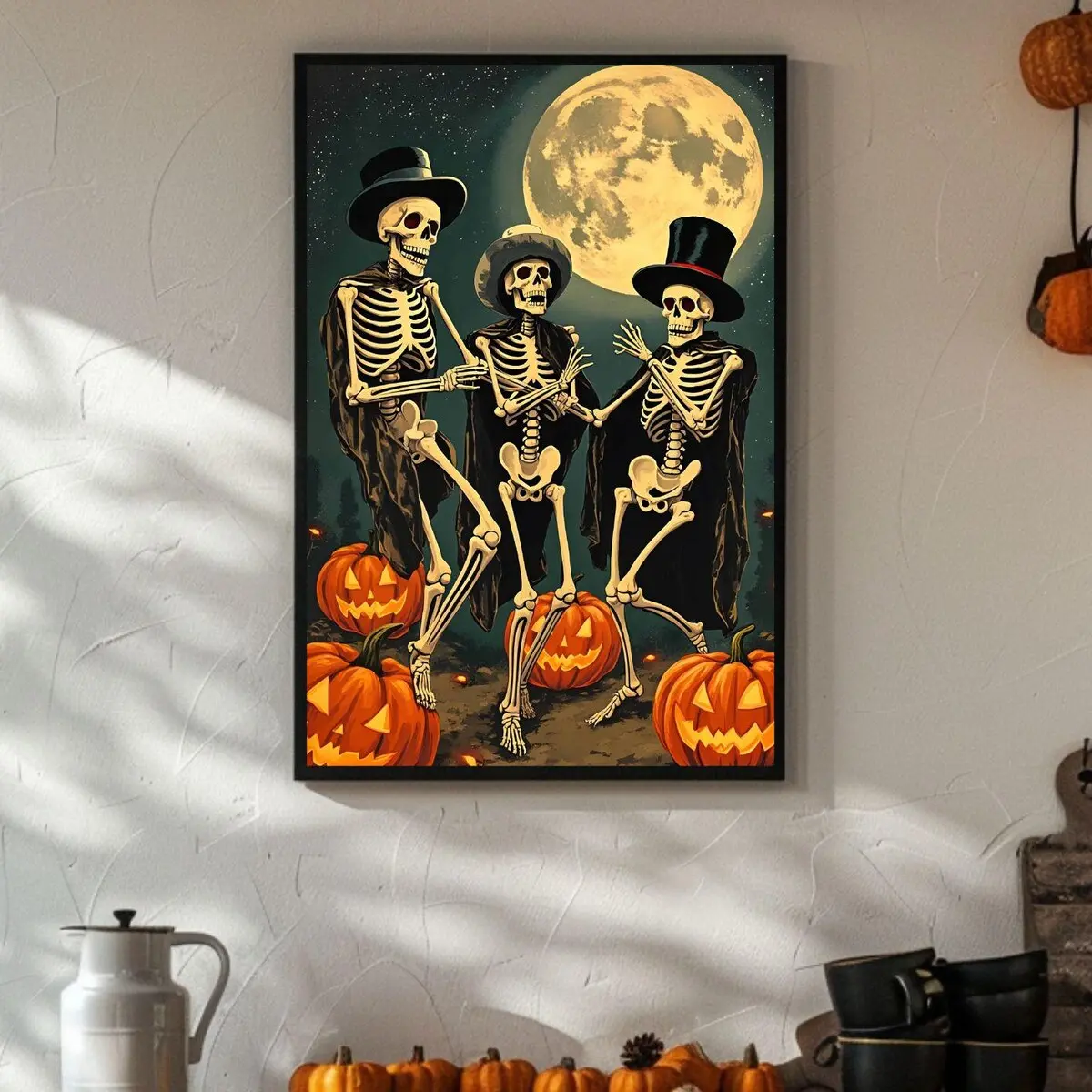 Vintage Skeleton Halloween Poster – Retro Wall Art – Dancing Skeletons Print – Pumpkin Decor – Gothic, Unframed