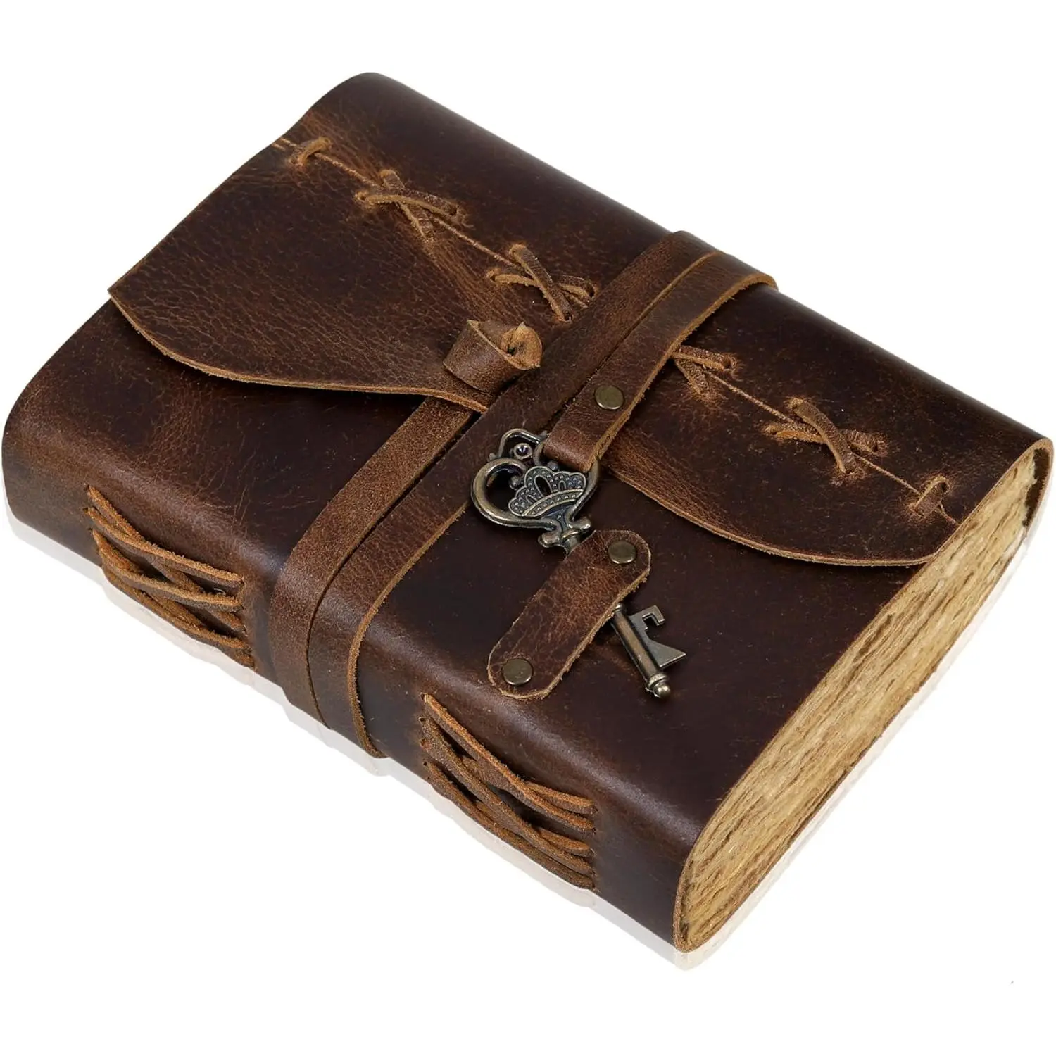 Leather Bound Journal - Cappuccuno Brown, 7"X5", 200 Deckle Edges Pages for Men & Women, for Writing, Drawing, Travel Diary, Sketchbook -  Key Closure - Book of Shadows