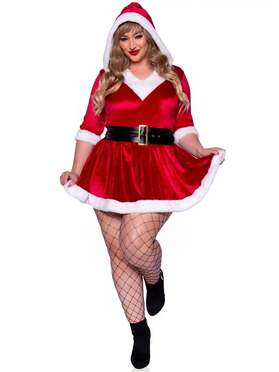 Leg Avenue Women's Plus Size 4-Piece Striped Fluffy Velvet Mrs. Claus Party Clothes - Red & White, 3X-4X, Fitted Top, Flared Skirt, Oversized Hoodie, Stockings, Fur Belt, Soft Fabric, Stylish, Style