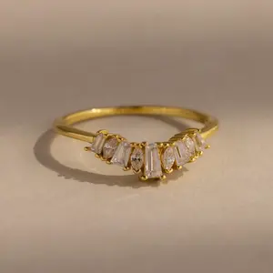 Art Deco Curve Diamond Ring by Caitlyn Minimalist - Dainty Baguette & Marquise Chevron Ring - 18K Gold Plated Engagement Ring - Delicate Crystal Wave Ring - Vintage Jewelry - Bridesmaid Gift
