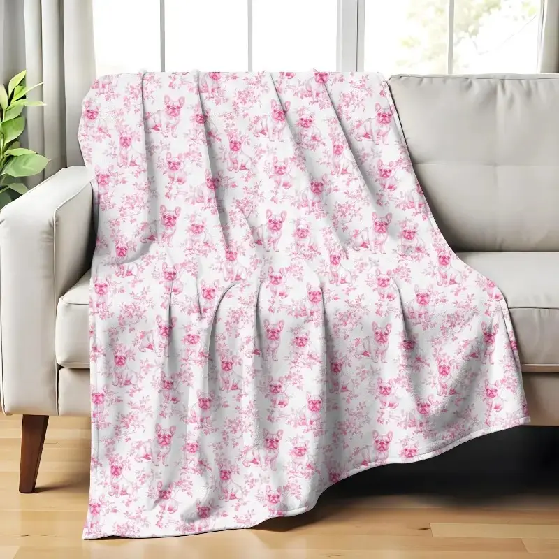 Pink French Bulldog Toile Blanket - Dog Coquette Toile de Jouy Cozy Throw for Frenchie Mom, French Country Blanket for French Bulldog Lover